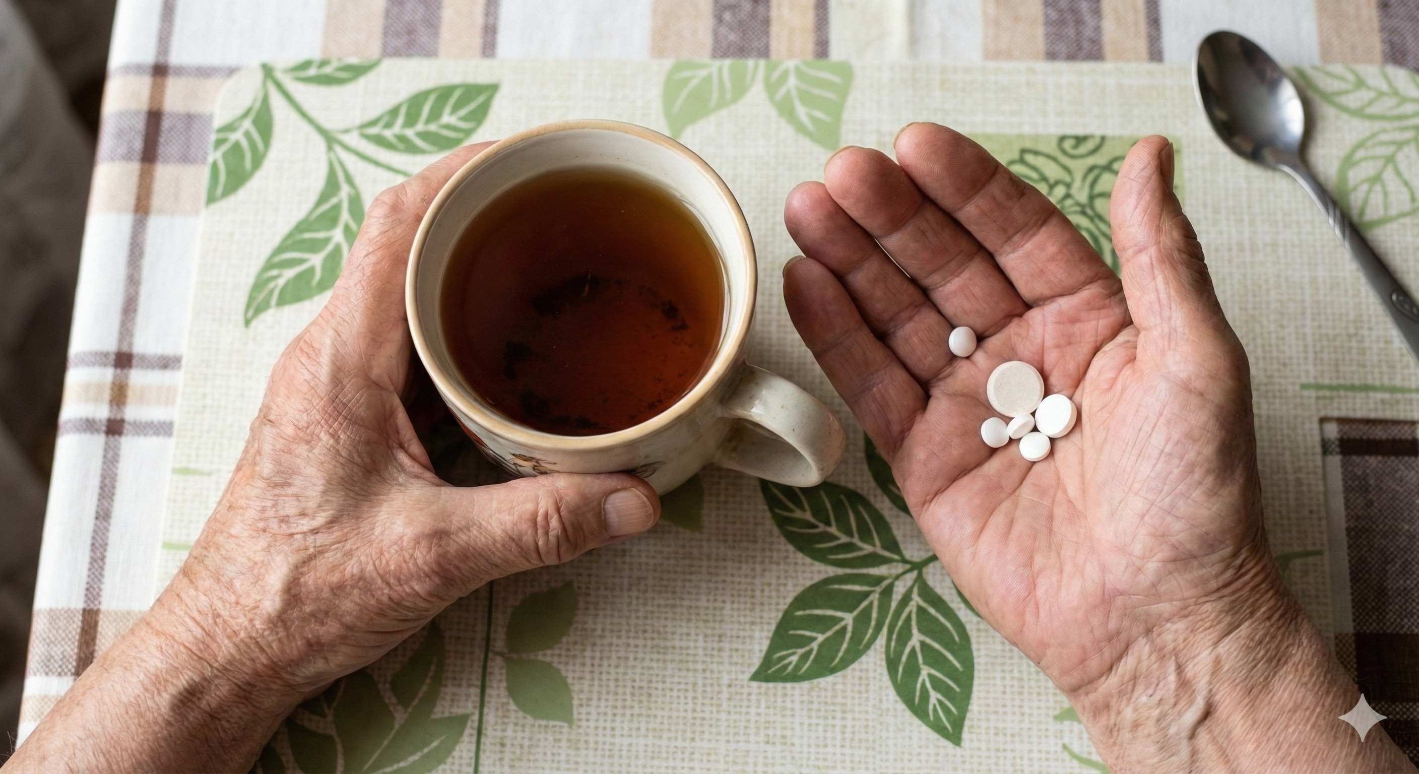 Person managing medication with tea